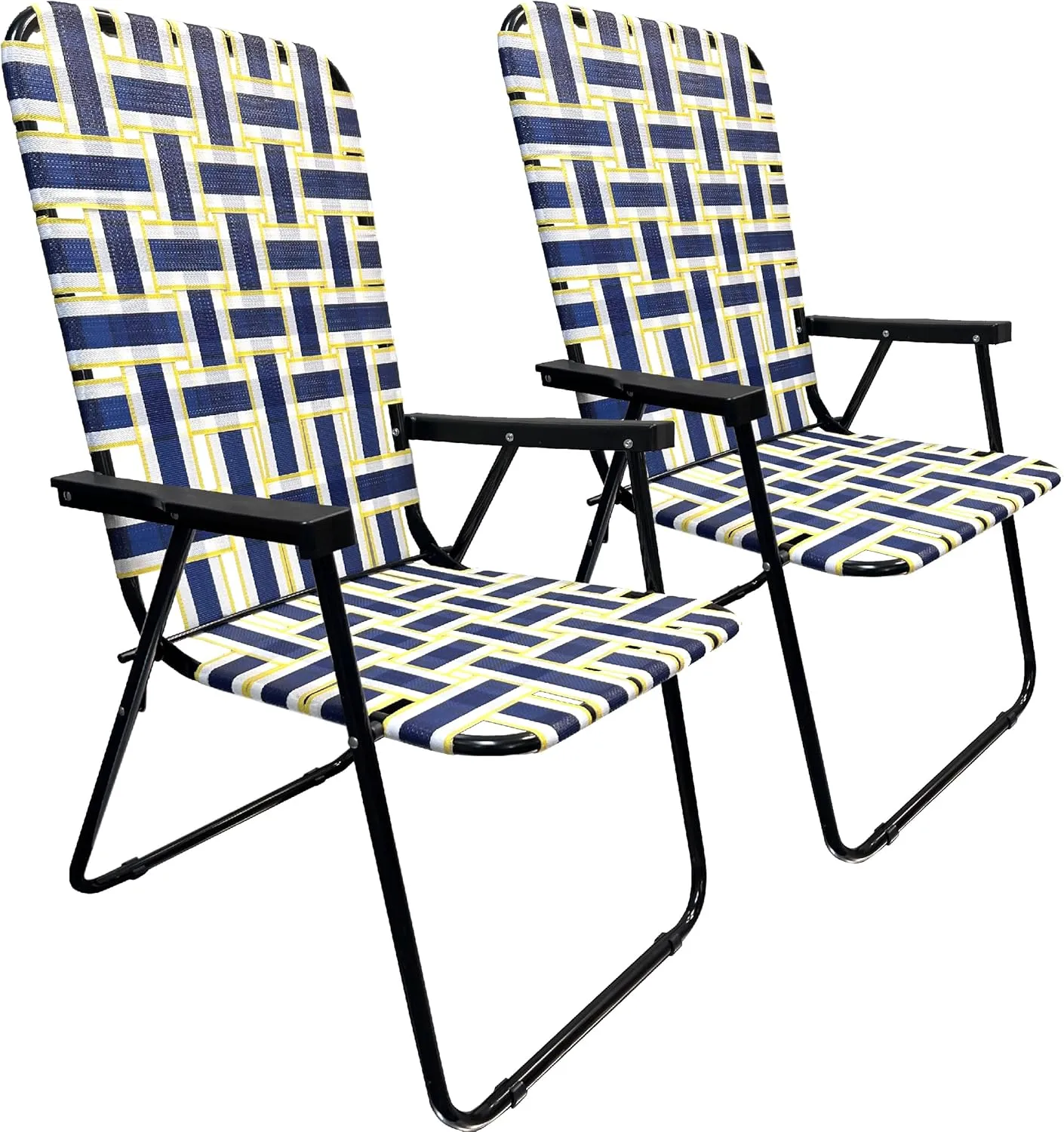 EasyGo Product Lawn Chair Folding Steel Webbing Chaise Patio Lounger Seat Wood Handles Great for Camping, Beach, Fishing, Backyard, Stadium, Pool, Boating, and Sports 2 Pack Blue/Yellow