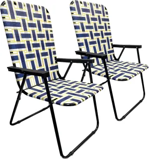 EasyGo Product Lawn Chair Folding Steel Webbing Chaise Patio Lounger Seat Wood Handles Great for Camping, Beach, Fishing, Backyard, Stadium, Pool, Boating, and Sports 2 Pack Blue/Yellow