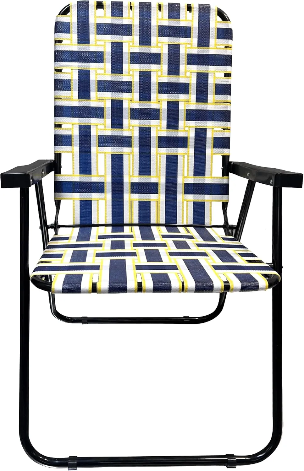 EasyGo Product Lawn Chair Folding Steel Webbing Chaise Patio Lounger Seat Wood Handles Great for Camping, Beach, Fishing, Backyard, Stadium, Pool, Boating, and Sports 2 Pack Blue/Yellow