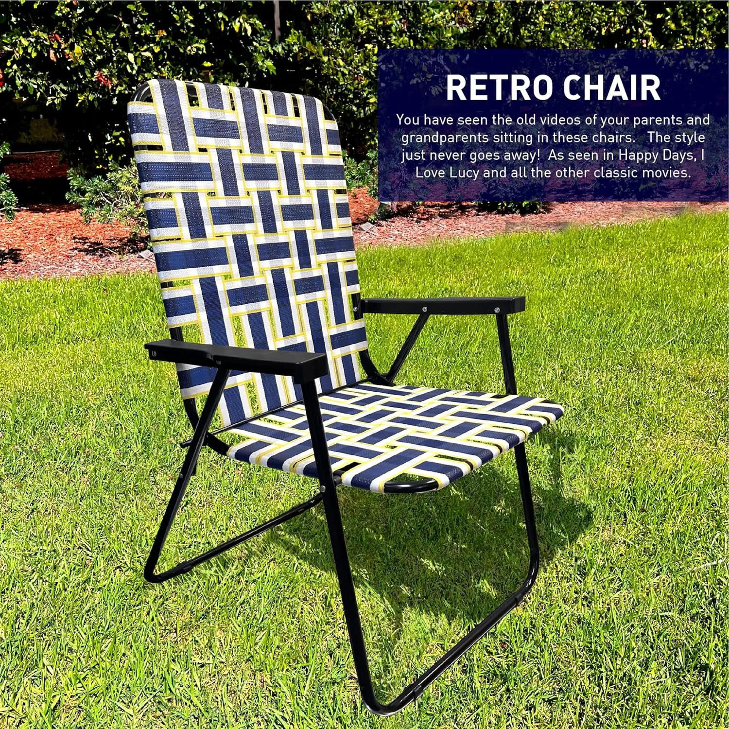 EasyGo Product Lawn Chair Folding Steel Webbing Chaise Patio Lounger Seat Wood Handles Great for Camping, Beach, Fishing, Backyard, Stadium, Pool, Boating, and Sports 2 Pack Blue/Yellow