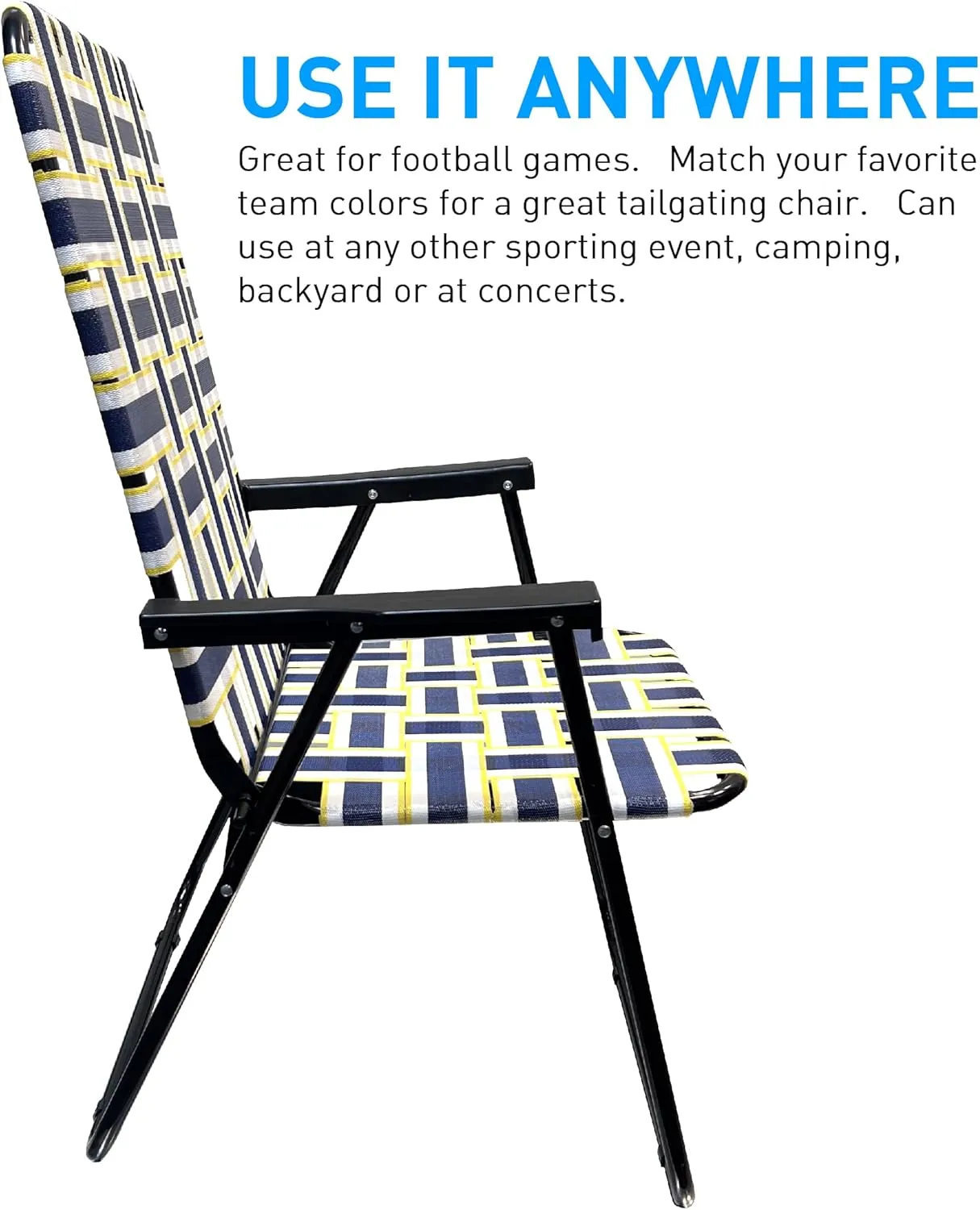 EasyGo Product Lawn Chair Folding Steel Webbing Chaise Patio Lounger Seat Wood Handles Great for Camping, Beach, Fishing, Backyard, Stadium, Pool, Boating, and Sports 2 Pack Blue/Yellow