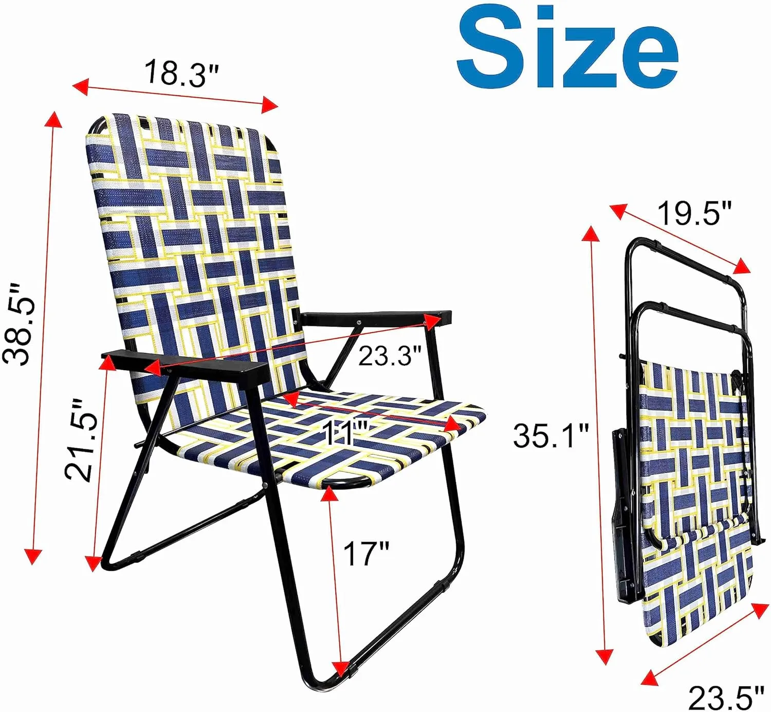 EasyGo Product Lawn Chair Folding Steel Webbing Chaise Patio Lounger Seat Wood Handles Great for Camping, Beach, Fishing, Backyard, Stadium, Pool, Boating, and Sports 2 Pack Blue/Yellow