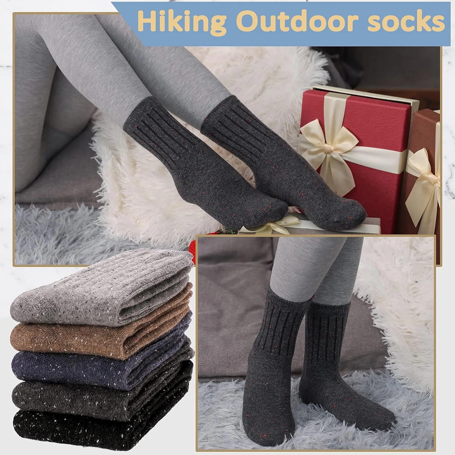 EBMORE 5 Pairs Merino Wool Socks for Women Thermal Warm Thick Winter Hiking Knit Cozy Crew Duty Work Soft Socks for Ladies