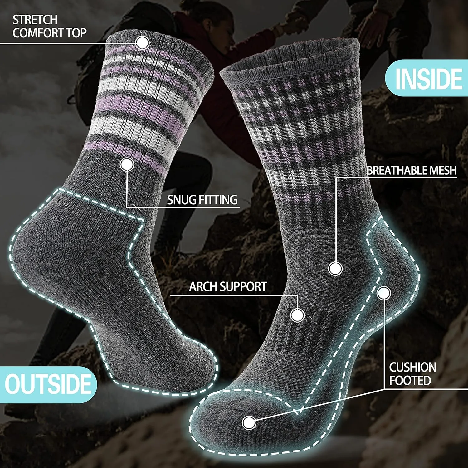 EBMORE 5 Pairs Womens Merino Wool Hiking Socks Thermal Warm Winter Boot Crew Cushion Work Gift Socks