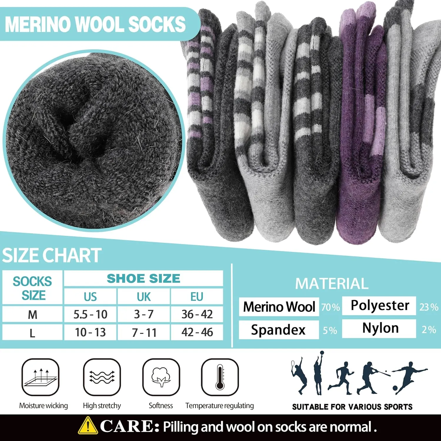 EBMORE 5 Pairs Womens Merino Wool Hiking Socks Thermal Warm Winter Boot Crew Cushion Work Gift Socks