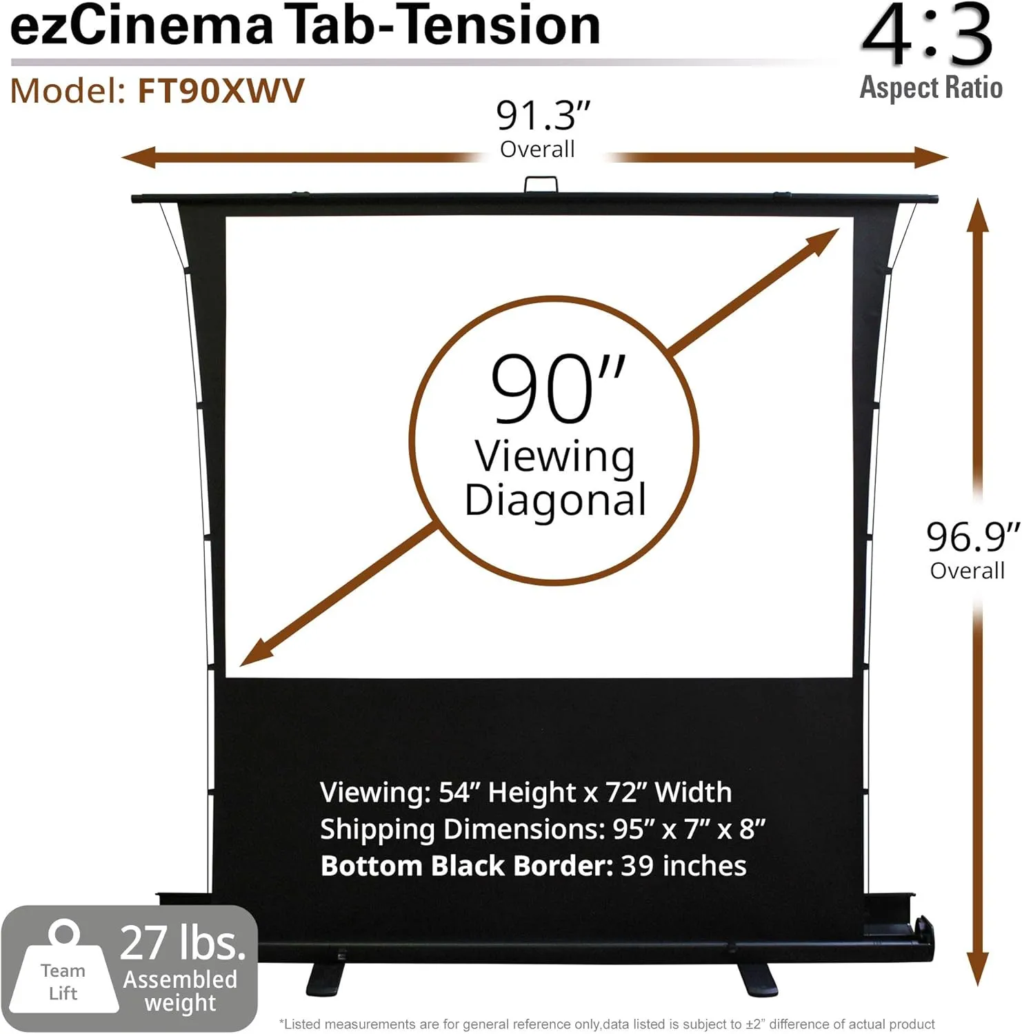 Elite Screens ezCinema Tab Tension, 90-inch 4:3 Projector Screen, Portable Manual Floor Pull Up Scissor Backed Office Church Front Projection Carrying Bag, US Based Company 2-YEAR WARRANTY, FT90XWV