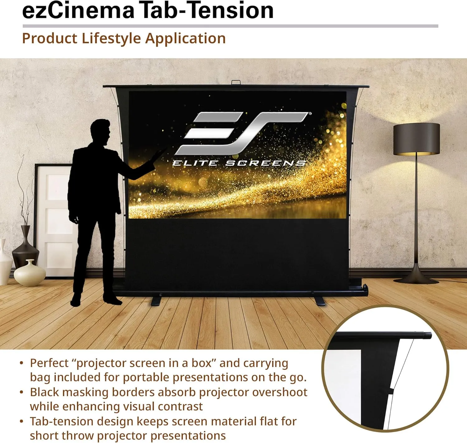 Elite Screens ezCinema Tab Tension, 90-inch 4:3 Projector Screen, Portable Manual Floor Pull Up Scissor Backed Office Church Front Projection Carrying Bag, US Based Company 2-YEAR WARRANTY, FT90XWV