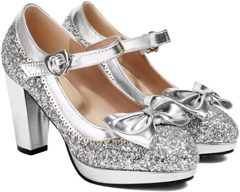 Elyffany Woman Fashion High Heeled Mary Jane Shoes Sparkly Sequins Glitter Bow Pumps