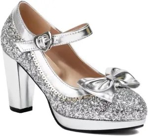 Elyffany Woman Fashion High Heeled Mary Jane Shoes Sparkly Sequins Glitter Bow Pumps