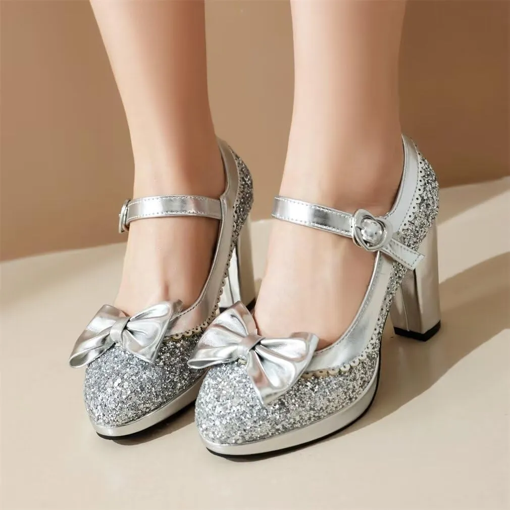 Elyffany Woman Fashion High Heeled Mary Jane Shoes Sparkly Sequins Glitter Bow Pumps