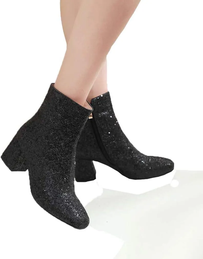 Elyffany Womens Mid Block Heel Glitter Ankle Boots Ladies Zipper Party Prom Booties