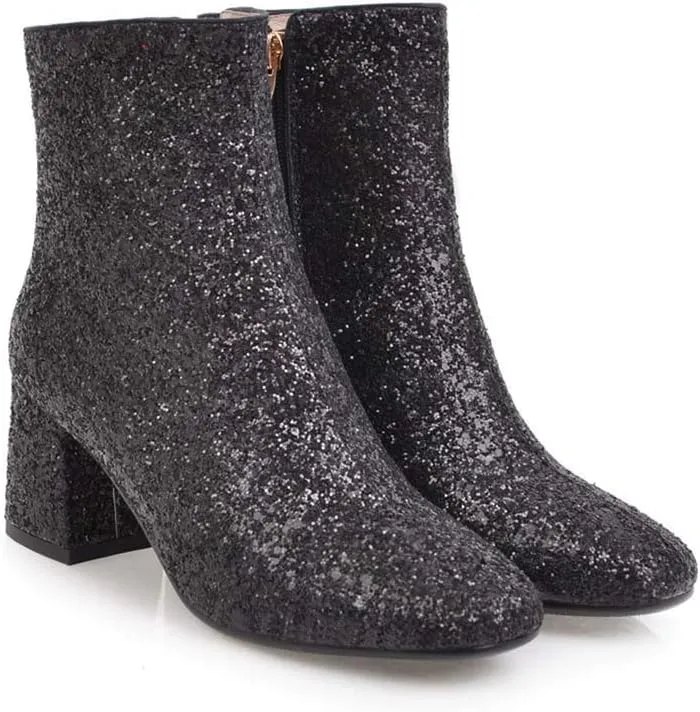Elyffany Womens Mid Block Heel Glitter Ankle Boots Ladies Zipper Party Prom Booties