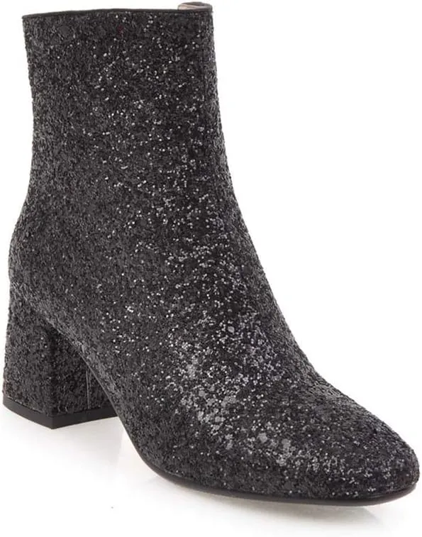 Elyffany Womens Mid Block Heel Glitter Ankle Boots Ladies Zipper Party Prom Booties