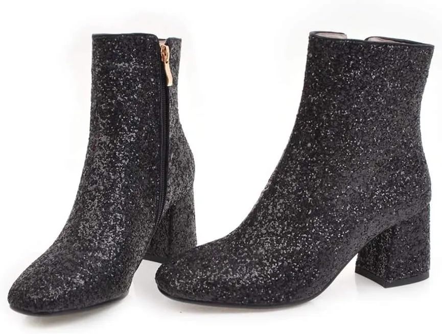 Elyffany Womens Mid Block Heel Glitter Ankle Boots Ladies Zipper Party Prom Booties