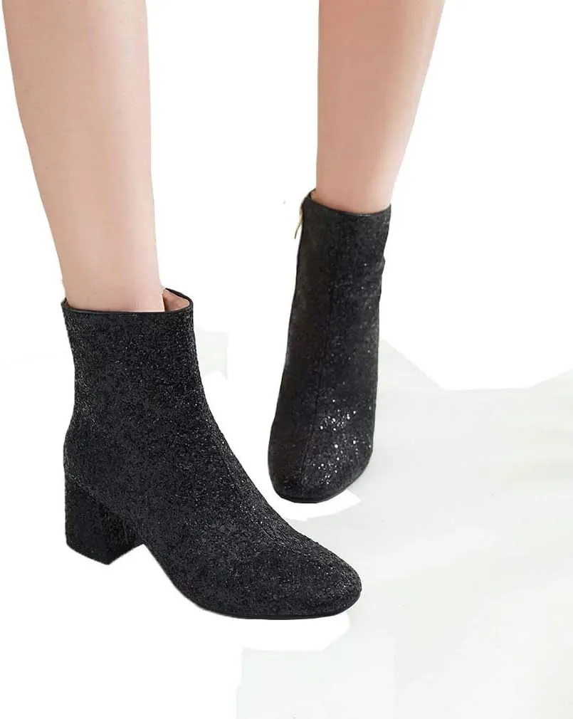Elyffany Womens Mid Block Heel Glitter Ankle Boots Ladies Zipper Party Prom Booties