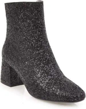 Elyffany Womens Mid Block Heel Glitter Ankle Boots Ladies Zipper Party Prom Booties