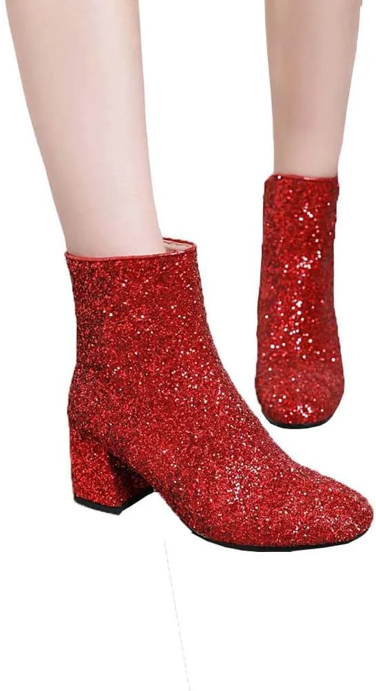 Elyffany Womens Mid Block Heel Glitter Ankle Boots Ladies Zipper Party Prom Booties