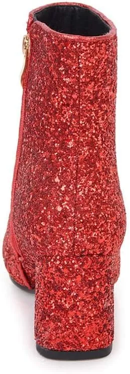 Elyffany Womens Mid Block Heel Glitter Ankle Boots Ladies Zipper Party Prom Booties