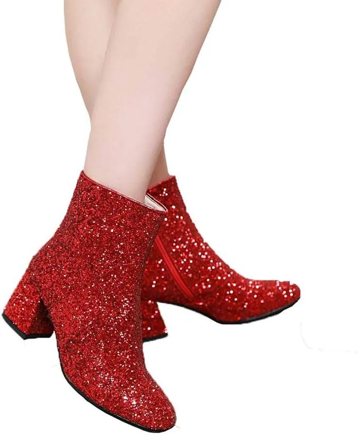 Elyffany Womens Mid Block Heel Glitter Ankle Boots Ladies Zipper Party Prom Booties