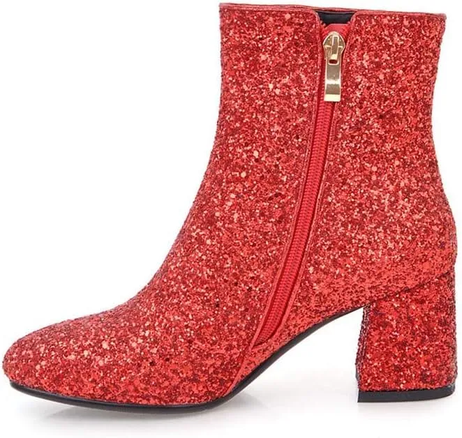 Elyffany Womens Mid Block Heel Glitter Ankle Boots Ladies Zipper Party Prom Booties