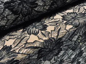 Embroidered chemical lace fabric, per metre - flower design - black