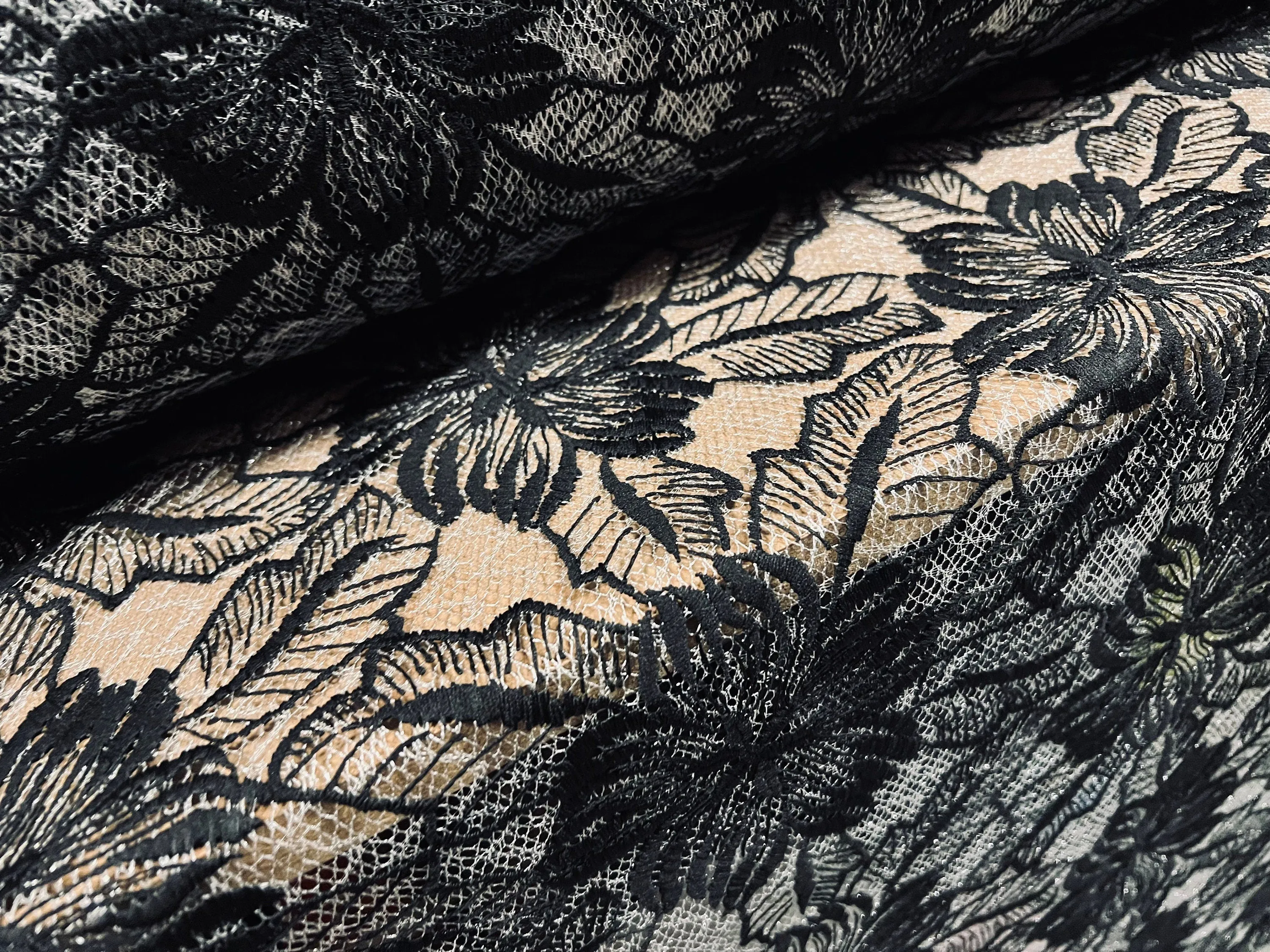Embroidered chemical lace fabric, per metre - flower design - black
