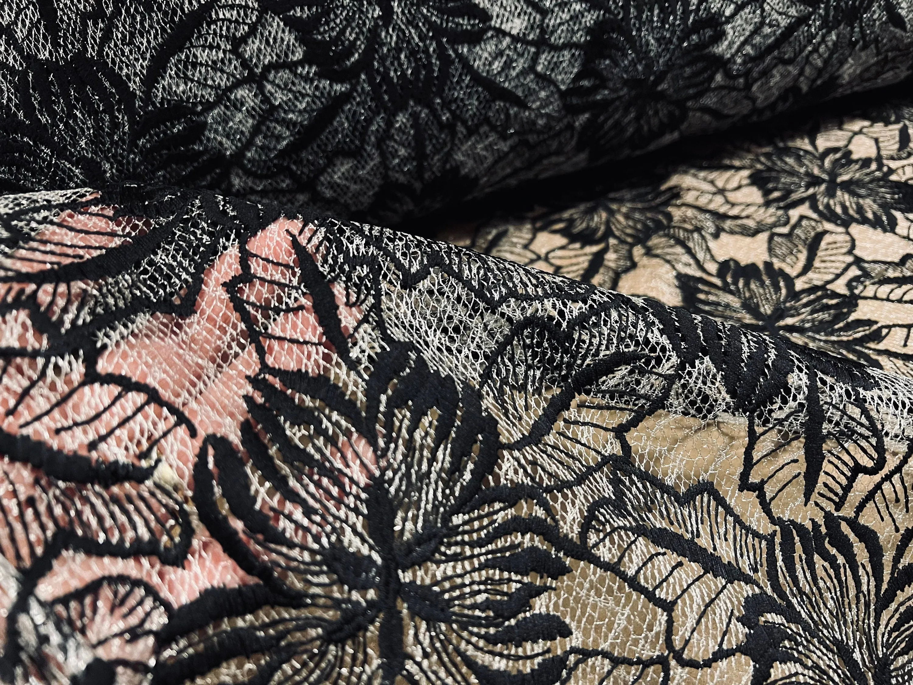 Embroidered chemical lace fabric, per metre - flower design - black