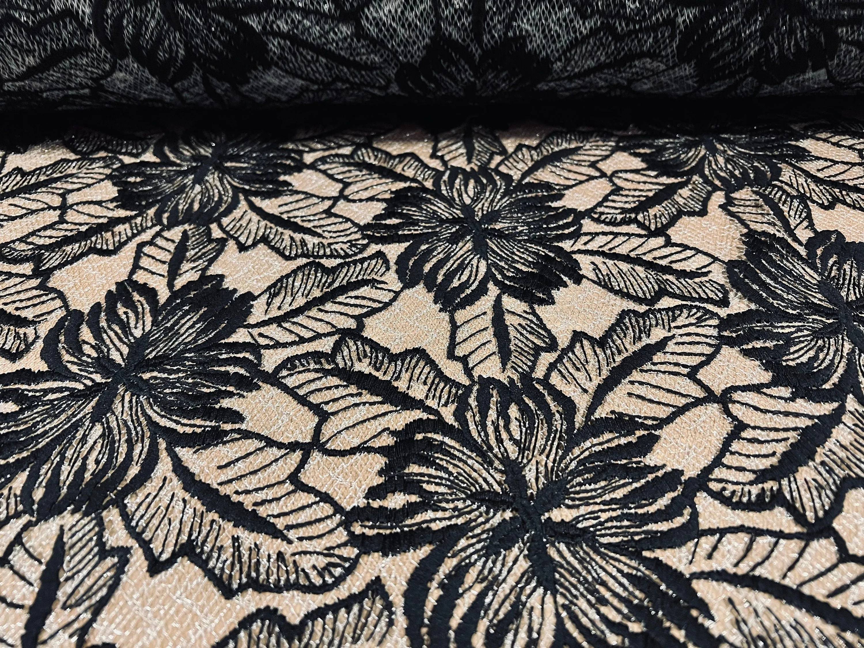 Embroidered chemical lace fabric, per metre - flower design - black