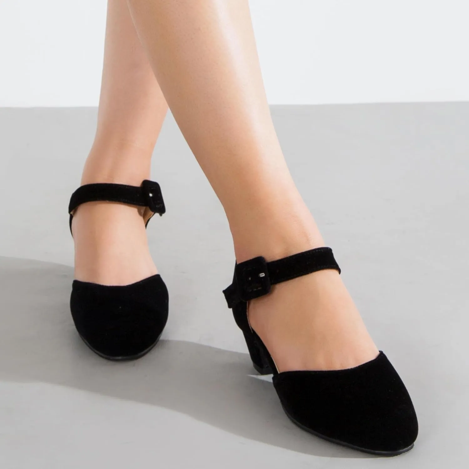 Enelauge Women's Closed Toe Low Block Heels Ankle Buckle Strap D'Orsay Pumps Comfortable Chunky Heel Dress Work Church Shoes