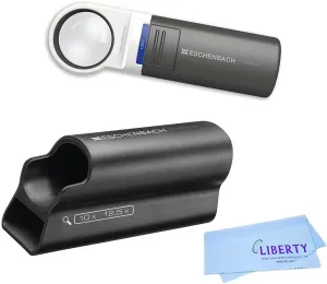 Eschenbach Optik Mobilux LED Handheld Magnifier with Mobase Stand - 10x or 12.5X Magnification Hands Free Light and Low Vision Aid Liberty Microfiber Cloth (10x), 1511-10, 1511-12, 1511-004