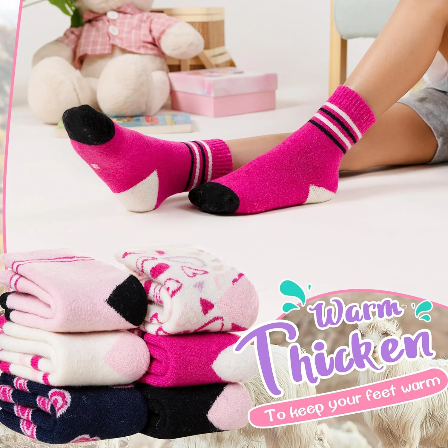 Eyean Kids Merino Wool Socks Boys Girls Thermal Winter Hiking Warm Thick Boot Cozy Toddler Crew Socks 6 Pairs