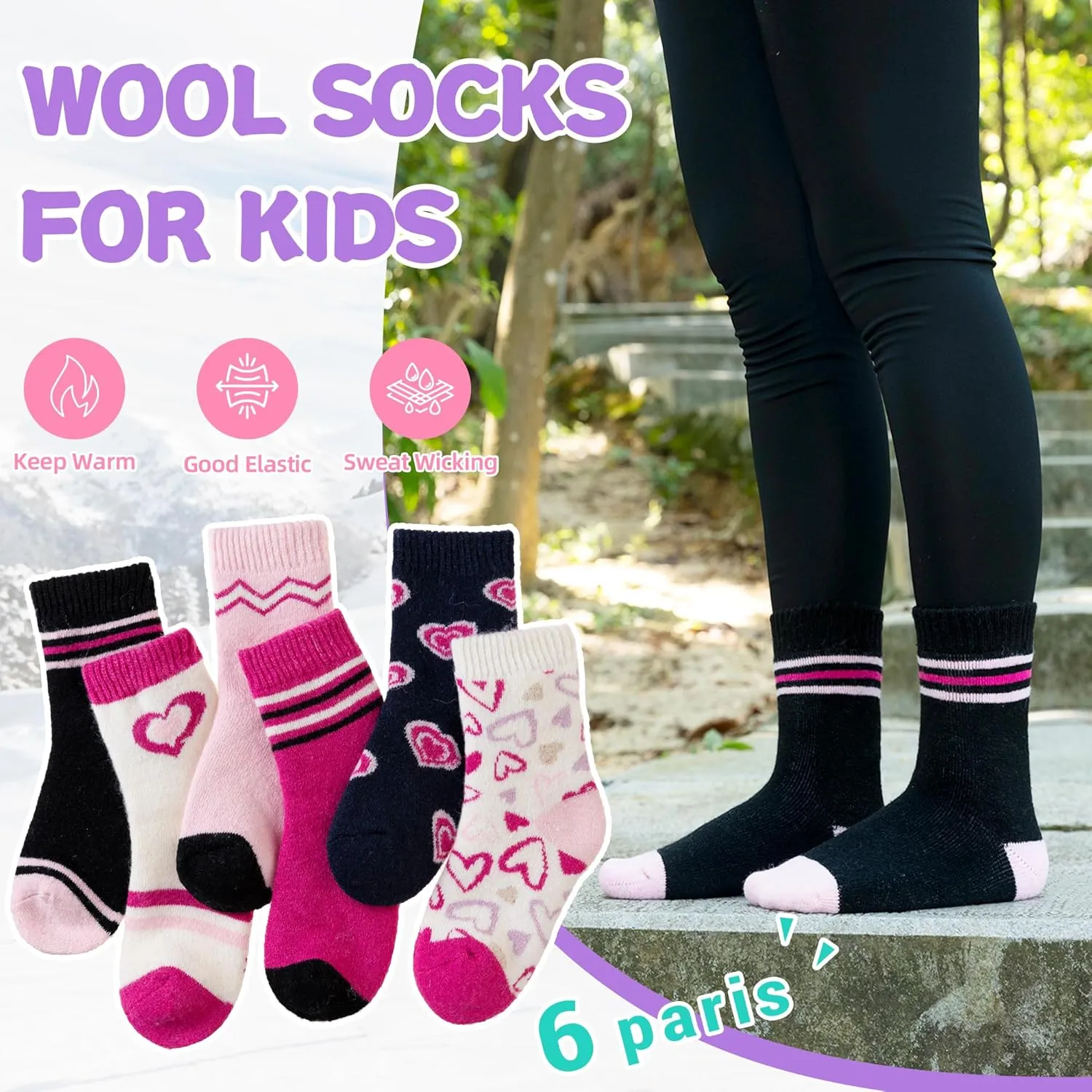 Eyean Kids Merino Wool Socks Boys Girls Thermal Winter Hiking Warm Thick Boot Cozy Toddler Crew Socks 6 Pairs