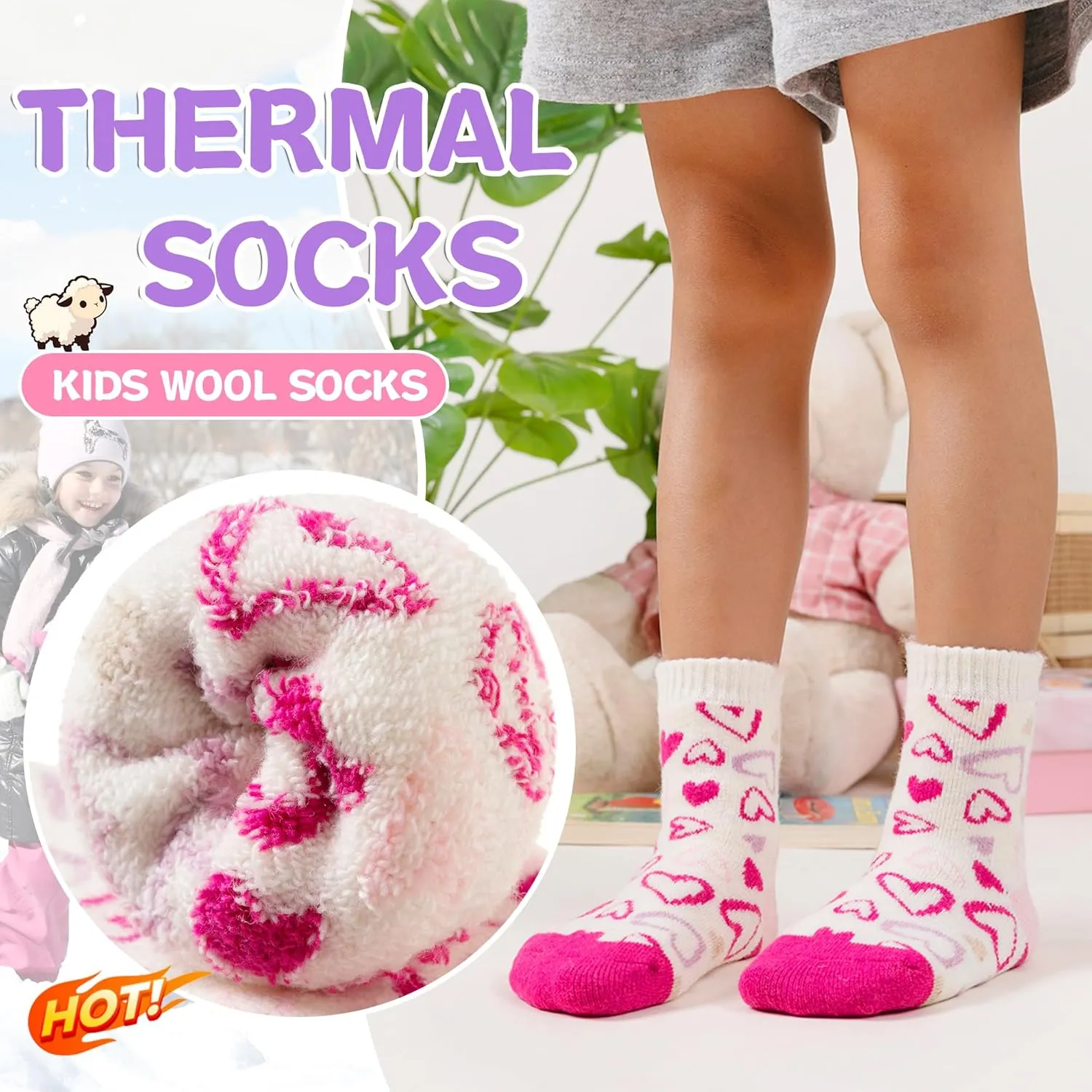 Eyean Kids Merino Wool Socks Boys Girls Thermal Winter Hiking Warm Thick Boot Cozy Toddler Crew Socks 6 Pairs