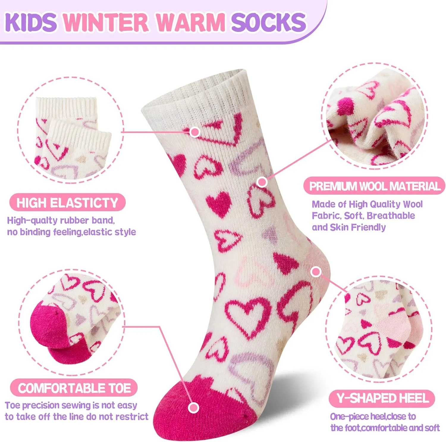 Eyean Kids Merino Wool Socks Boys Girls Thermal Winter Hiking Warm Thick Boot Cozy Toddler Crew Socks 6 Pairs