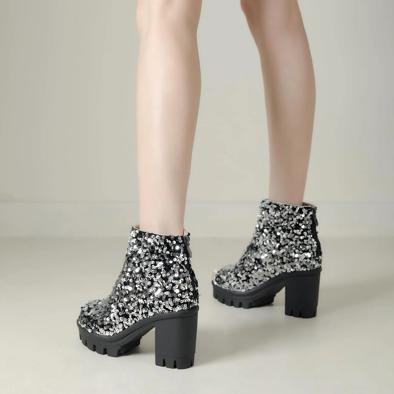 Fashion Womens Peep Toe Sparkle Ankle Boots Platform Heel Glitter Booties