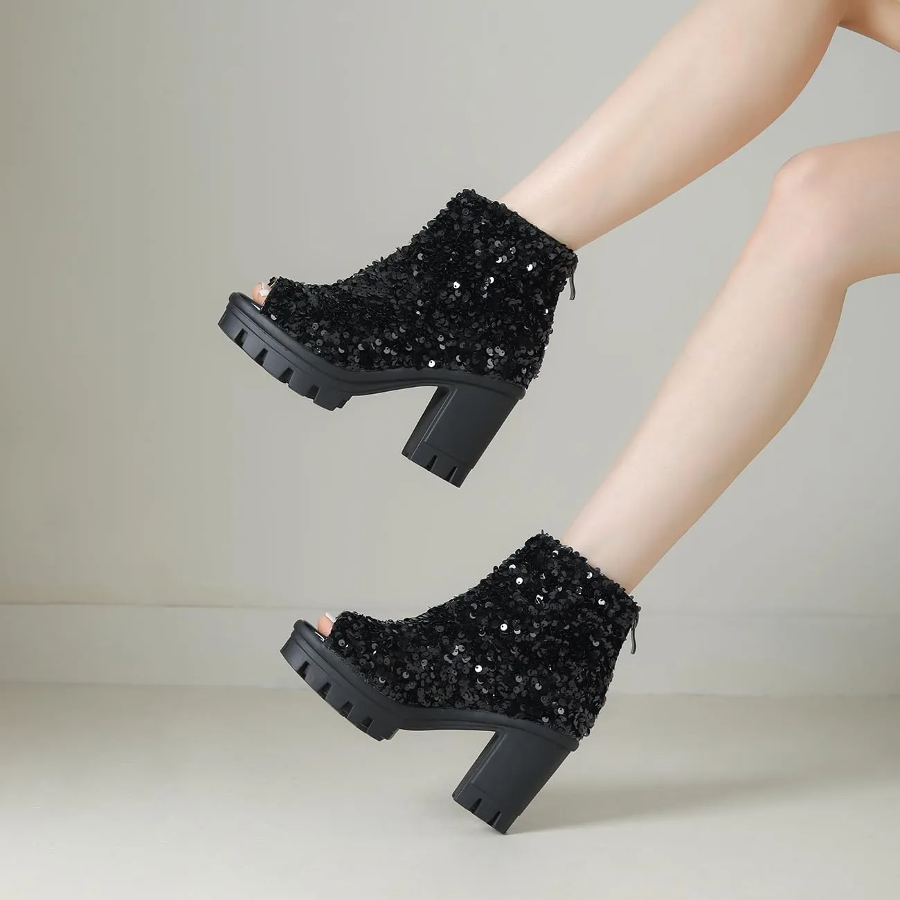 Fashion Womens Peep Toe Sparkle Ankle Boots Platform Heel Glitter Booties