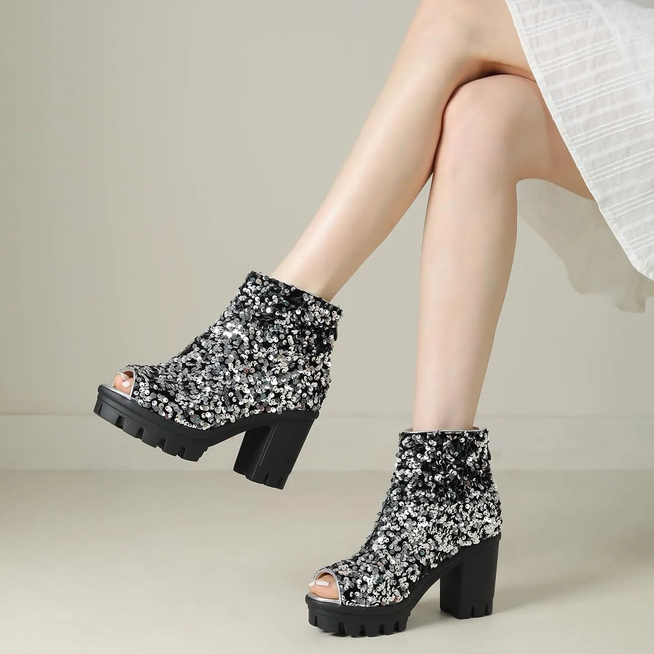 Fashion Womens Peep Toe Sparkle Ankle Boots Platform Heel Glitter Booties