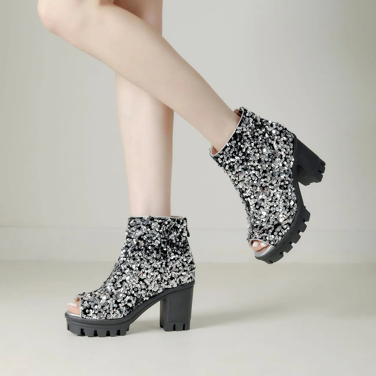 Fashion Womens Peep Toe Sparkle Ankle Boots Platform Heel Glitter Booties