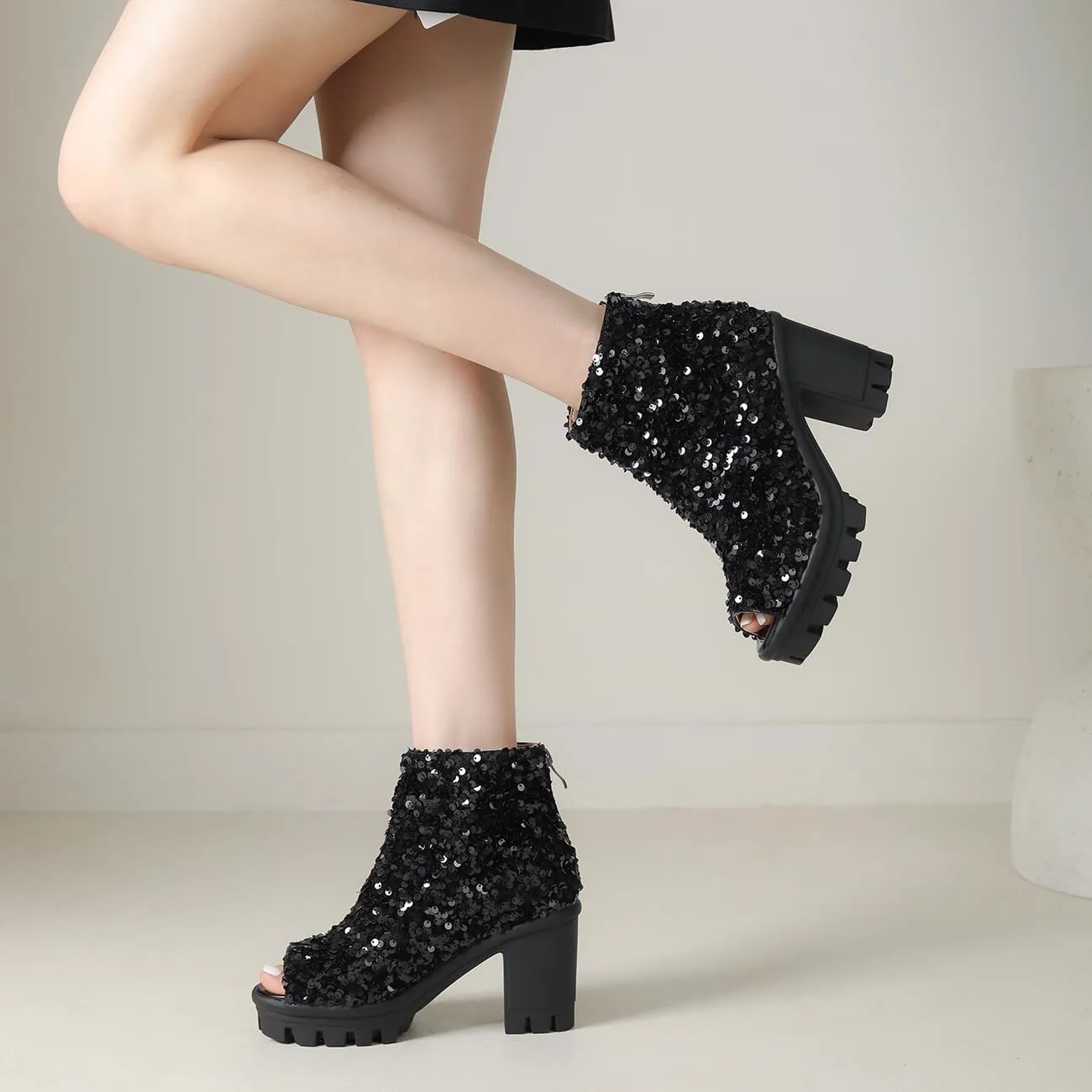 Fashion Womens Peep Toe Sparkle Ankle Boots Platform Heel Glitter Booties