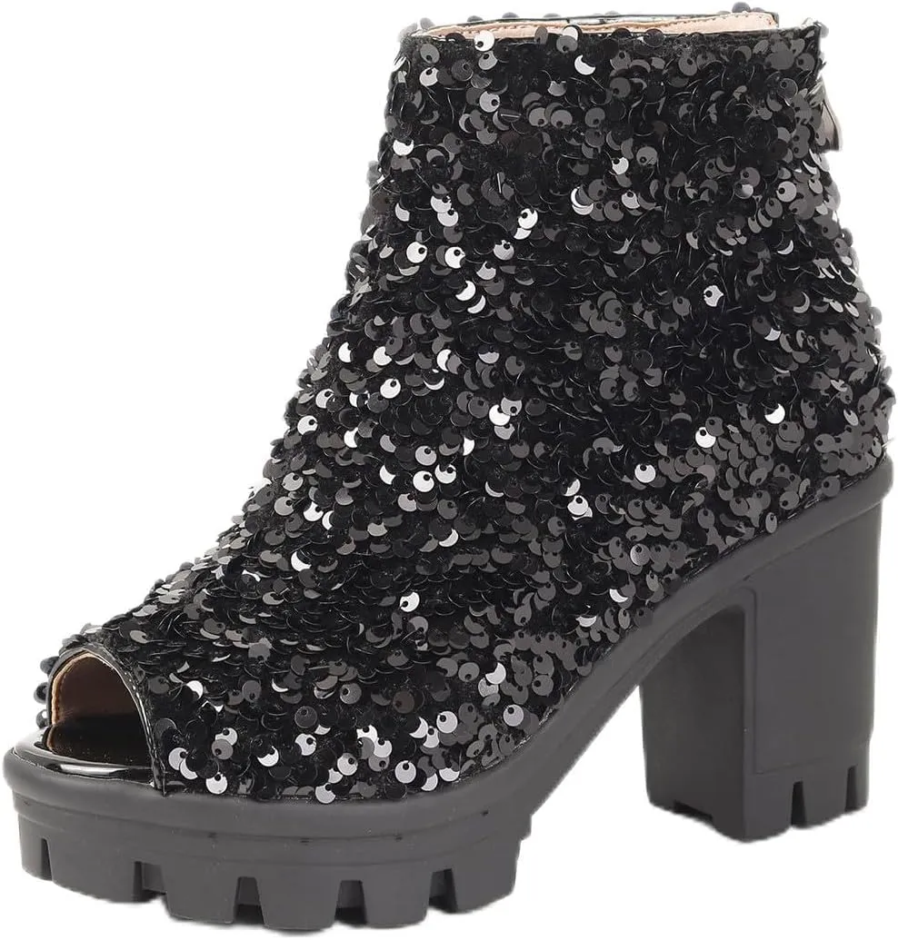 Fashion Womens Peep Toe Sparkle Ankle Boots Platform Heel Glitter Booties