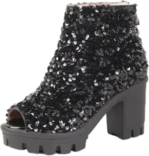 Fashion Womens Peep Toe Sparkle Ankle Boots Platform Heel Glitter Booties