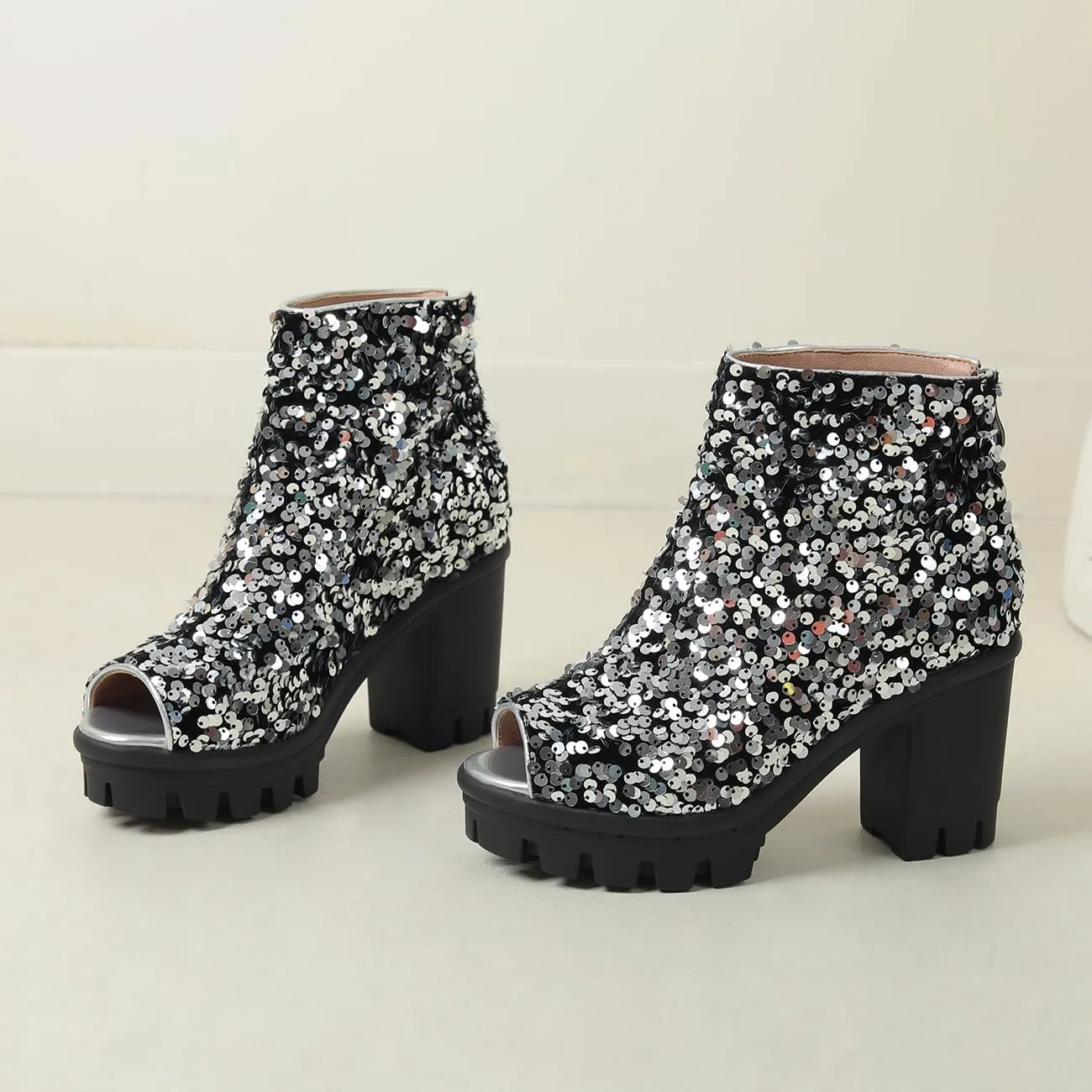 Fashion Womens Peep Toe Sparkle Ankle Boots Platform Heel Glitter Booties