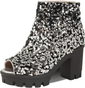 Fashion Womens Peep Toe Sparkle Ankle Boots Platform Heel Glitter Booties