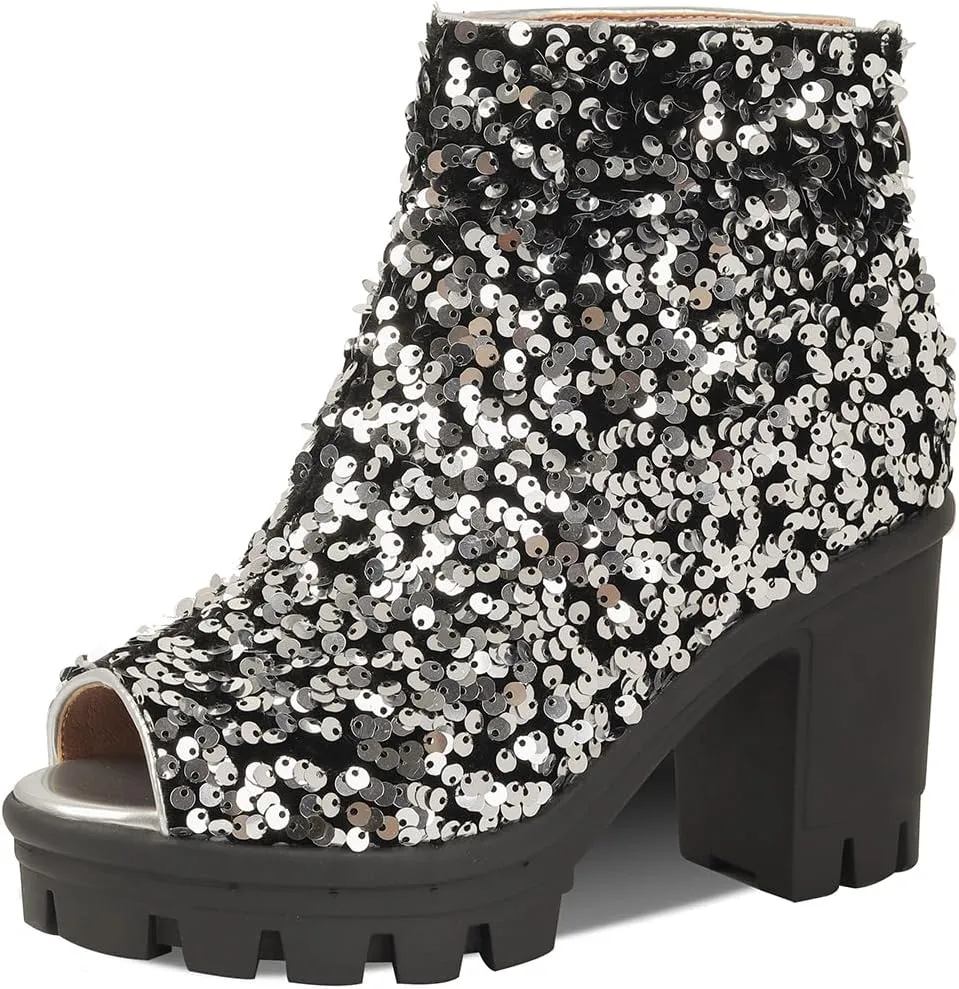 Fashion Womens Peep Toe Sparkle Ankle Boots Platform Heel Glitter Booties