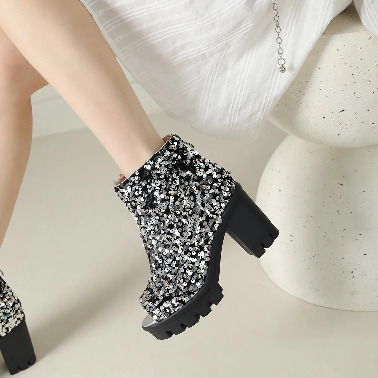 Fashion Womens Peep Toe Sparkle Ankle Boots Platform Heel Glitter Booties