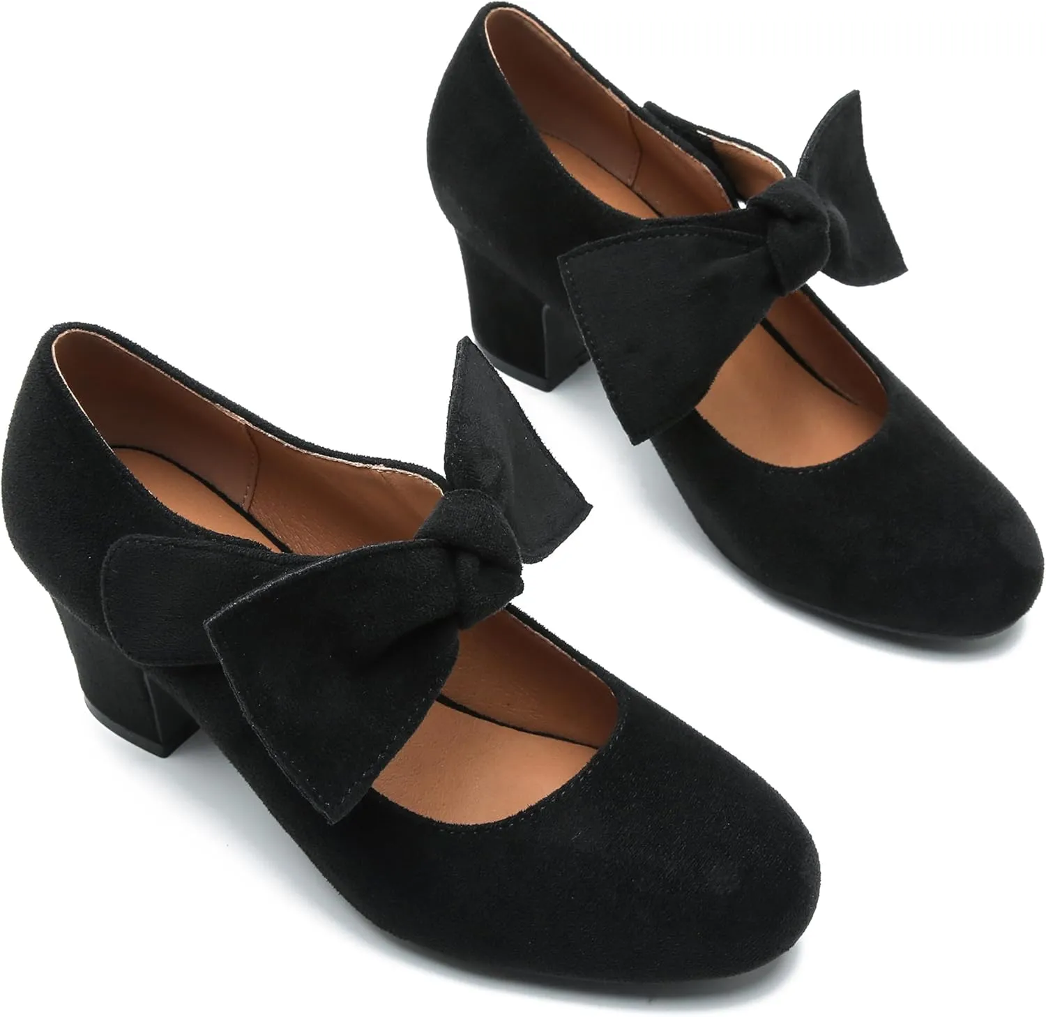 fereshte Womens Bow Heels Mary Jane Shoes Removable Bow Closed Toe Chunky Heel Dress Pumps