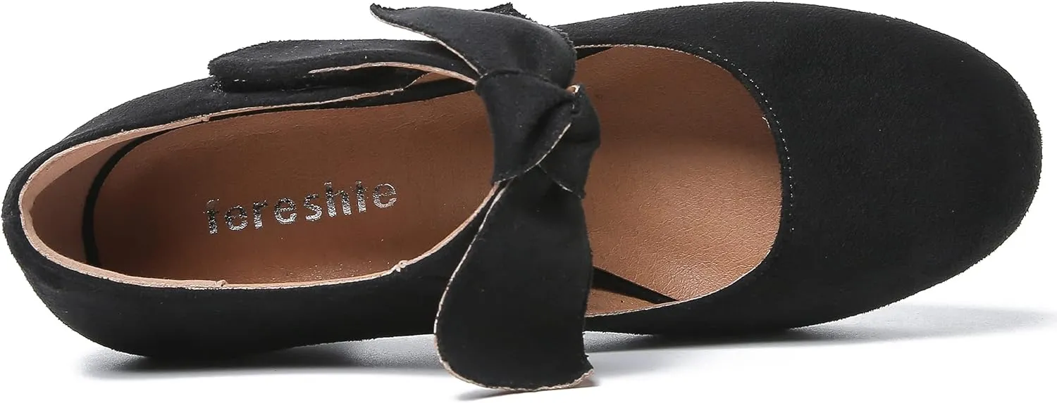 fereshte Womens Bow Heels Mary Jane Shoes Removable Bow Closed Toe Chunky Heel Dress Pumps