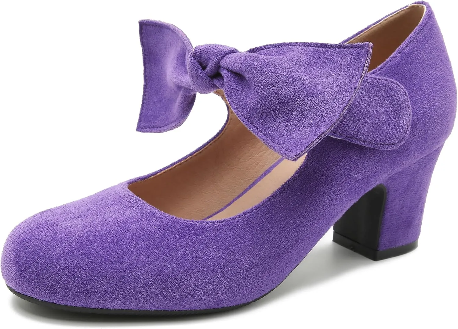 fereshte Womens Bow Heels Mary Jane Shoes Removable Bow Closed Toe Chunky Heel Dress Pumps