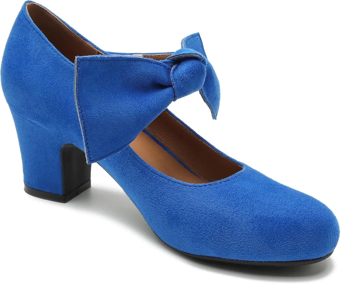 fereshte Womens Bow Heels Mary Jane Shoes Removable Bow Closed Toe Chunky Heel Dress Pumps