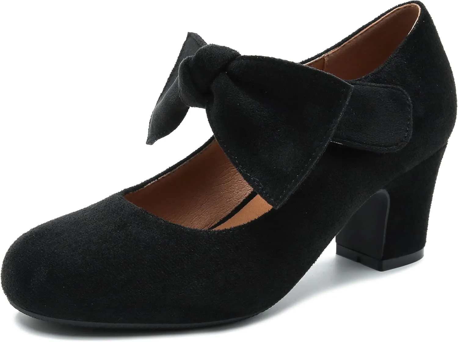 fereshte Womens Bow Heels Mary Jane Shoes Removable Bow Closed Toe Chunky Heel Dress Pumps